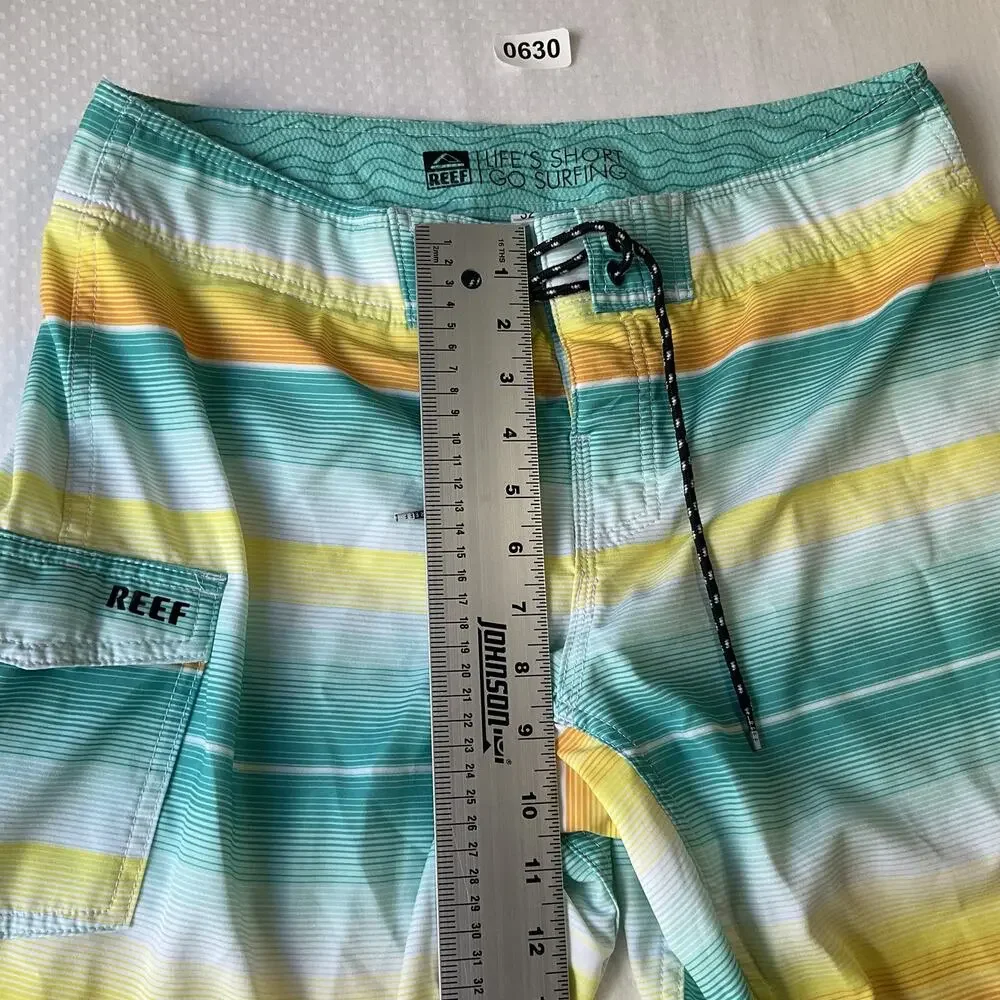 Reef Men Swimwear 32 Turquoise Board Shorts Striped Surf Shorts Logo Lined 10”